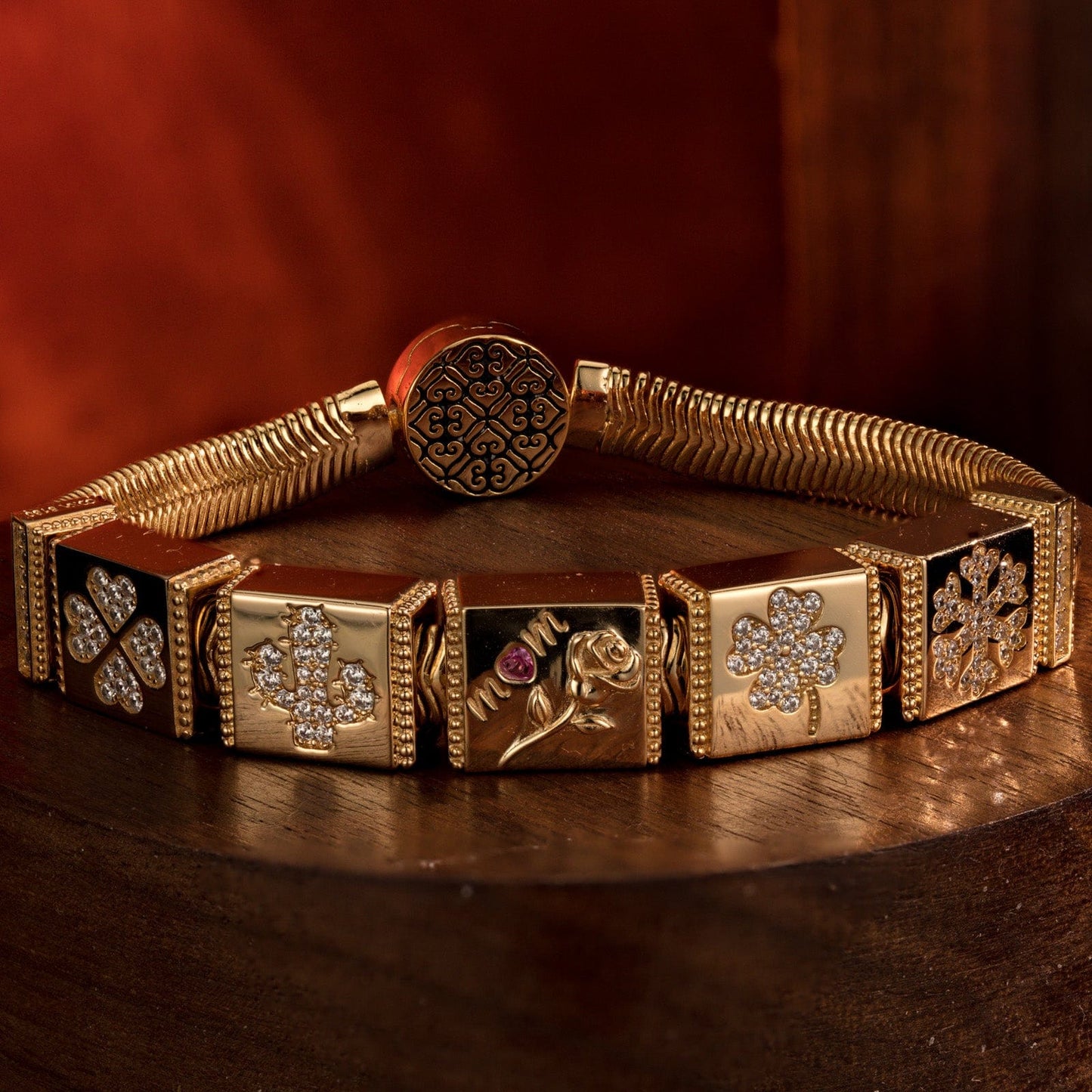 Sterling Silver Enchanted Blossom Rectangular Charms Bracelet Set In 14K Gold Plated
