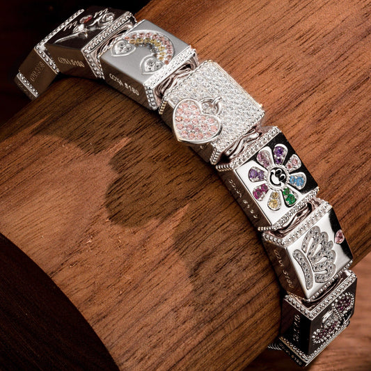 gona- Sterling Silver Love and Freedom Rectangular Charms Bracelet Set In White Gold Plated (Includes bracelet and all charms shown)