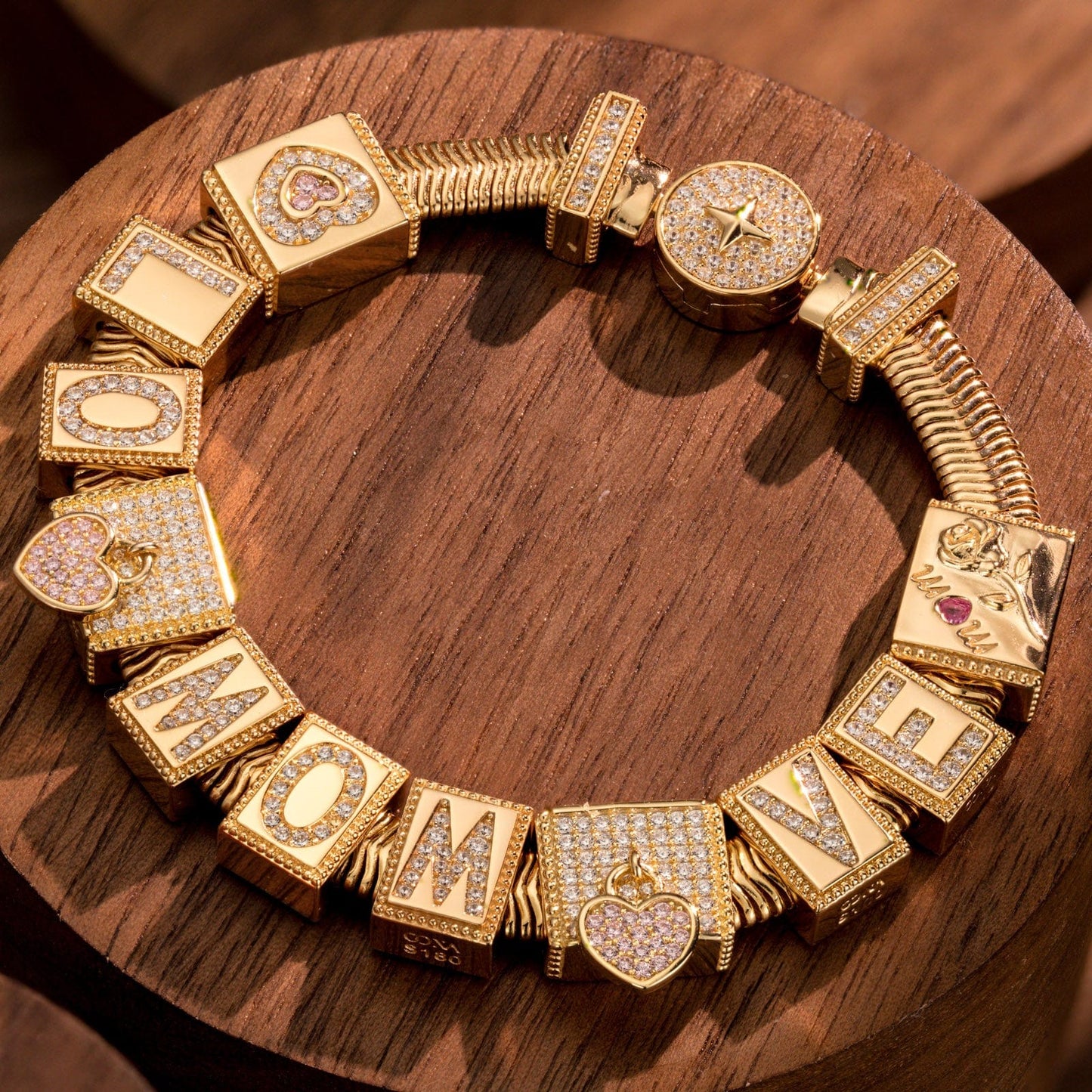 Sterling Silver To My Dearest Mom Rectangular Charms Bracelet Set In 14K Gold Plated (Includes bracelet and all charms shown)