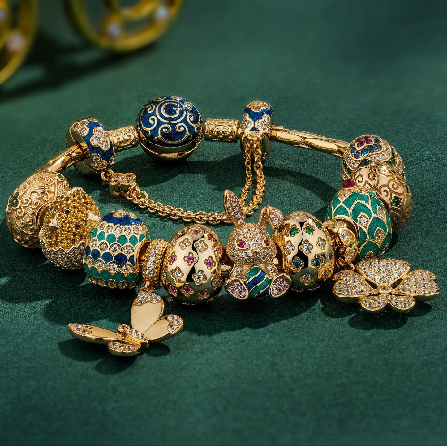 Sterling Silver Resurrection Revelry Easter Eggs Charms Bracelet Set With Enamel In 14K Gold Plated (Includes bracelet and all charms shown)