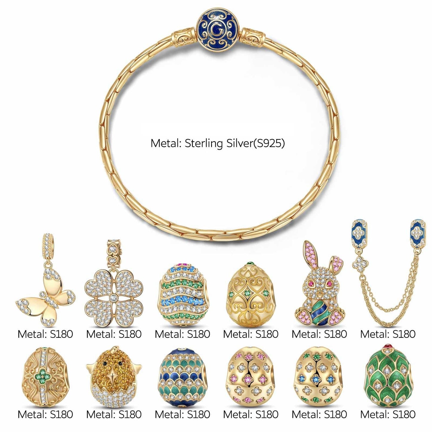 Sterling Silver Resurrection Revelry Easter Eggs Charms Bracelet Set With Enamel In 14K Gold Plated (Includes bracelet and all charms shown)