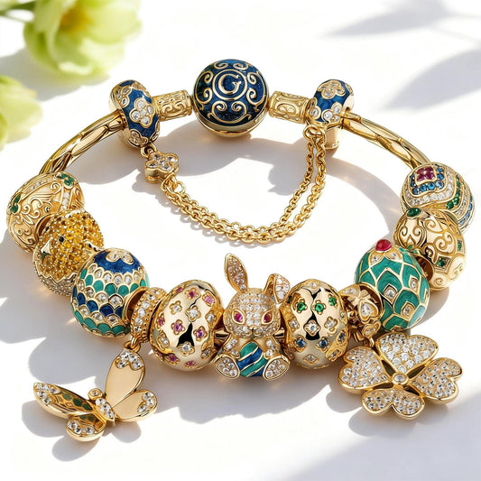 gona- Sterling Silver Resurrection Revelry Easter Eggs Charms Bracelet Set With Enamel In 14K Gold Plated (Includes bracelet and all charms shown)