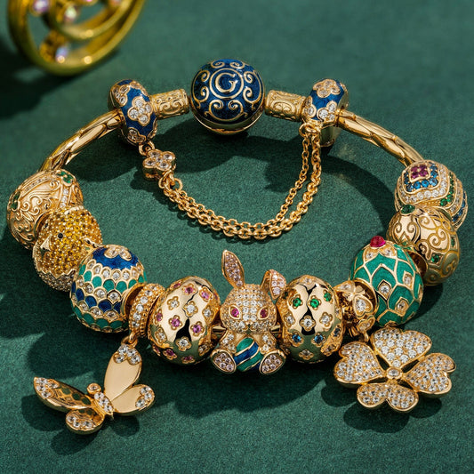 gona- Sterling Silver Resurrection Revelry Easter Eggs Charms Bracelet Set With Enamel In 14K Gold Plated (Includes bracelet and all charms shown)