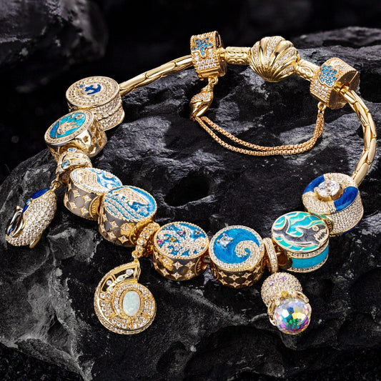 gon- Sterling Silver Treasures of the Ocean Charms Bracelet Set With Enamel In 14K Gold Plated