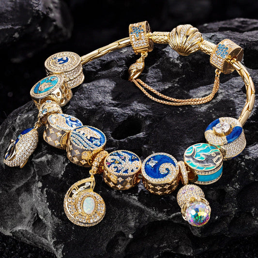 gon- Sterling Silver Treasures of the Ocean Charms Bracelet Set With Enamel In 14K Gold Plated (Includes bracelet and all charms shown)