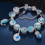 Sterling Silver Treasures of the Ocean Charms Bracelet Set With Enamel In White Gold Plated (Includes bracelet and all charms shown)