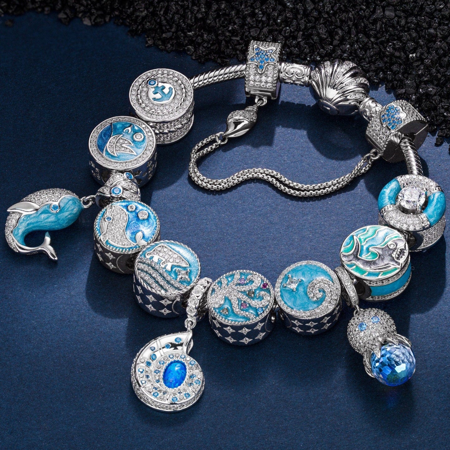 Sterling Silver Treasures of the Ocean Charms Bracelet Set With Enamel In White Gold Plated