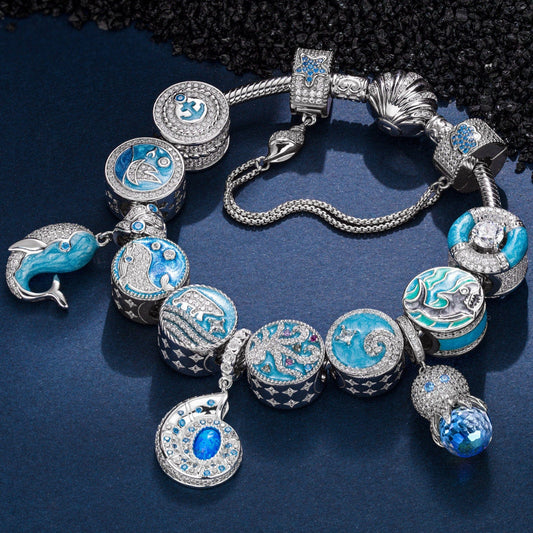 gon- Sterling Silver Treasures of the Ocean Charms Bracelet Set With Enamel In White Gold Plated