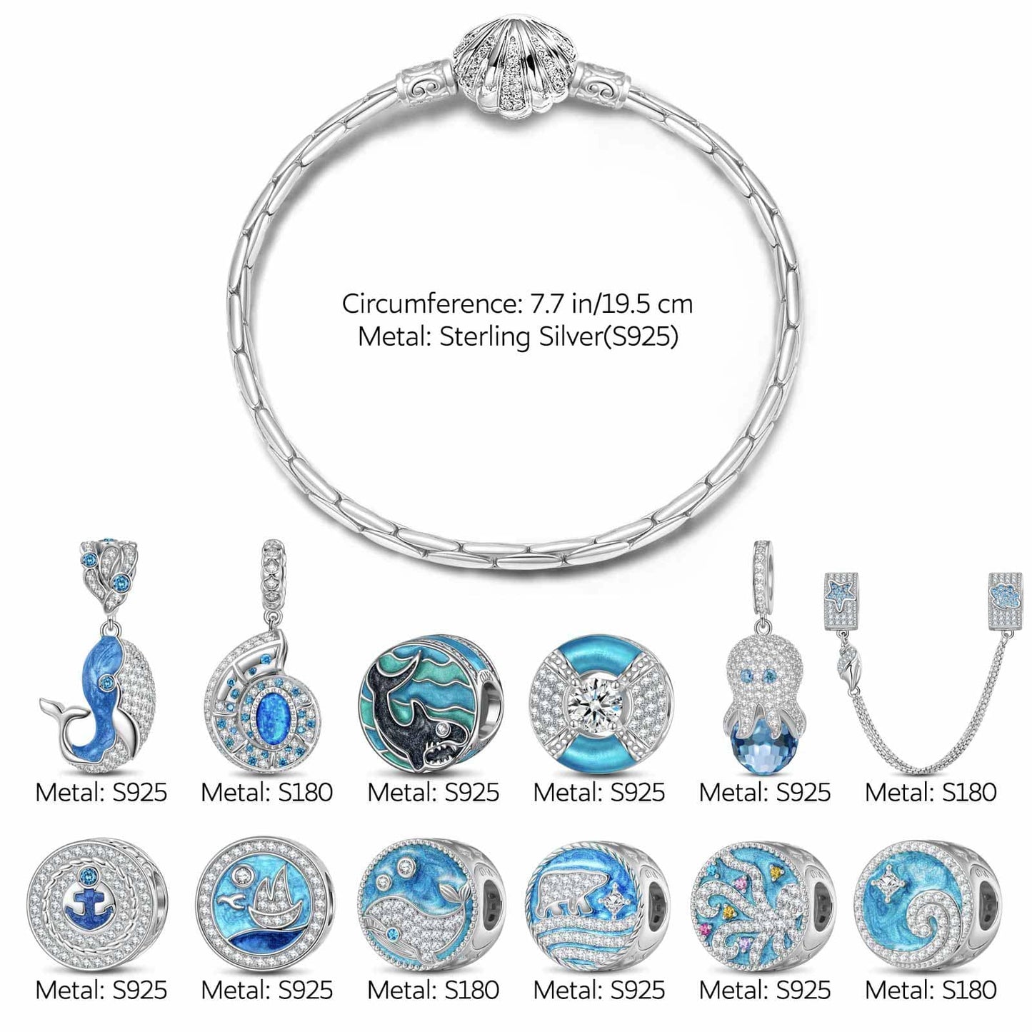 Sterling Silver Treasures of the Ocean Charms Bracelet Set With Enamel In White Gold Plated