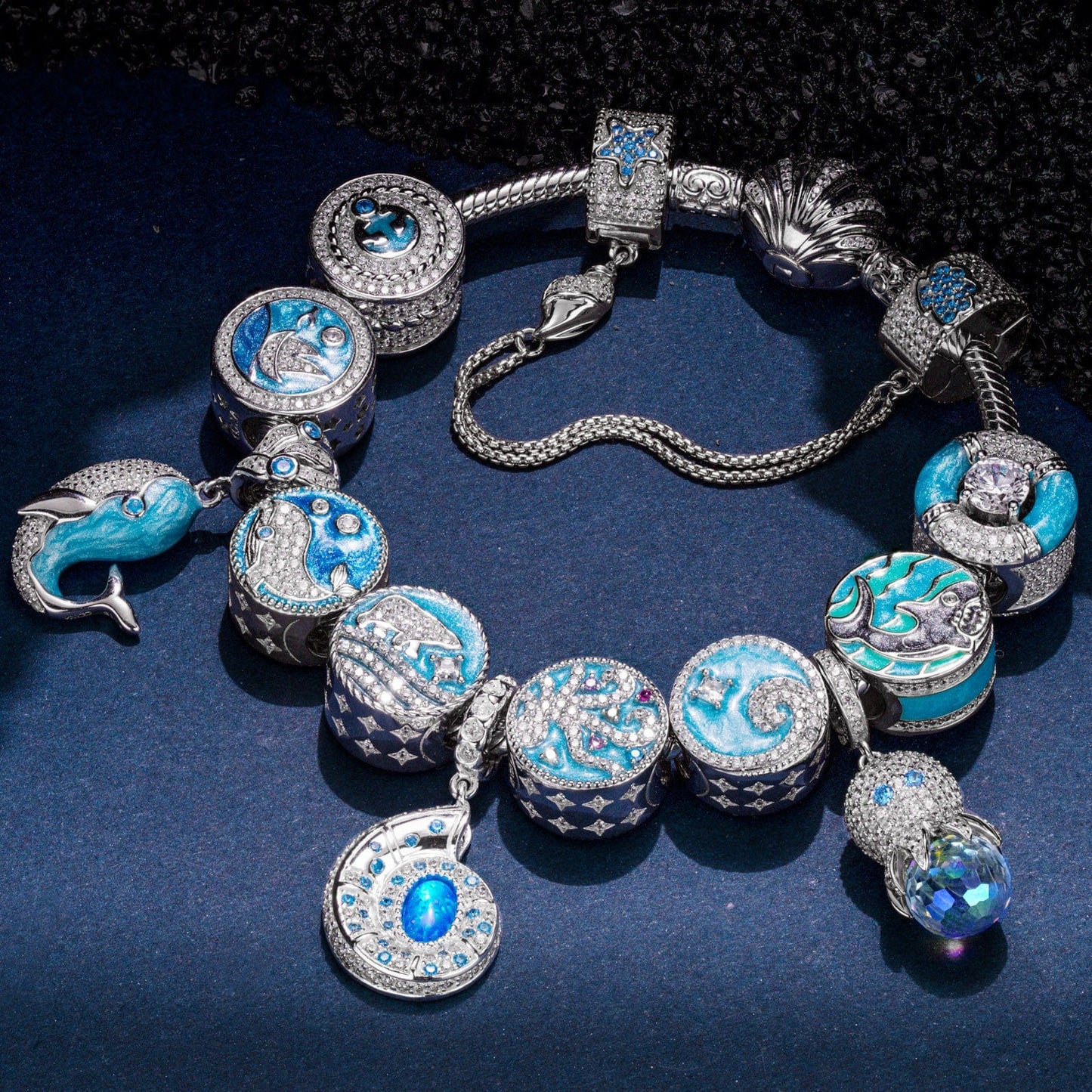 Sterling Silver Treasures of the Ocean Charms Bracelet Set With Enamel In White Gold Plated (Includes bracelet and all charms shown)