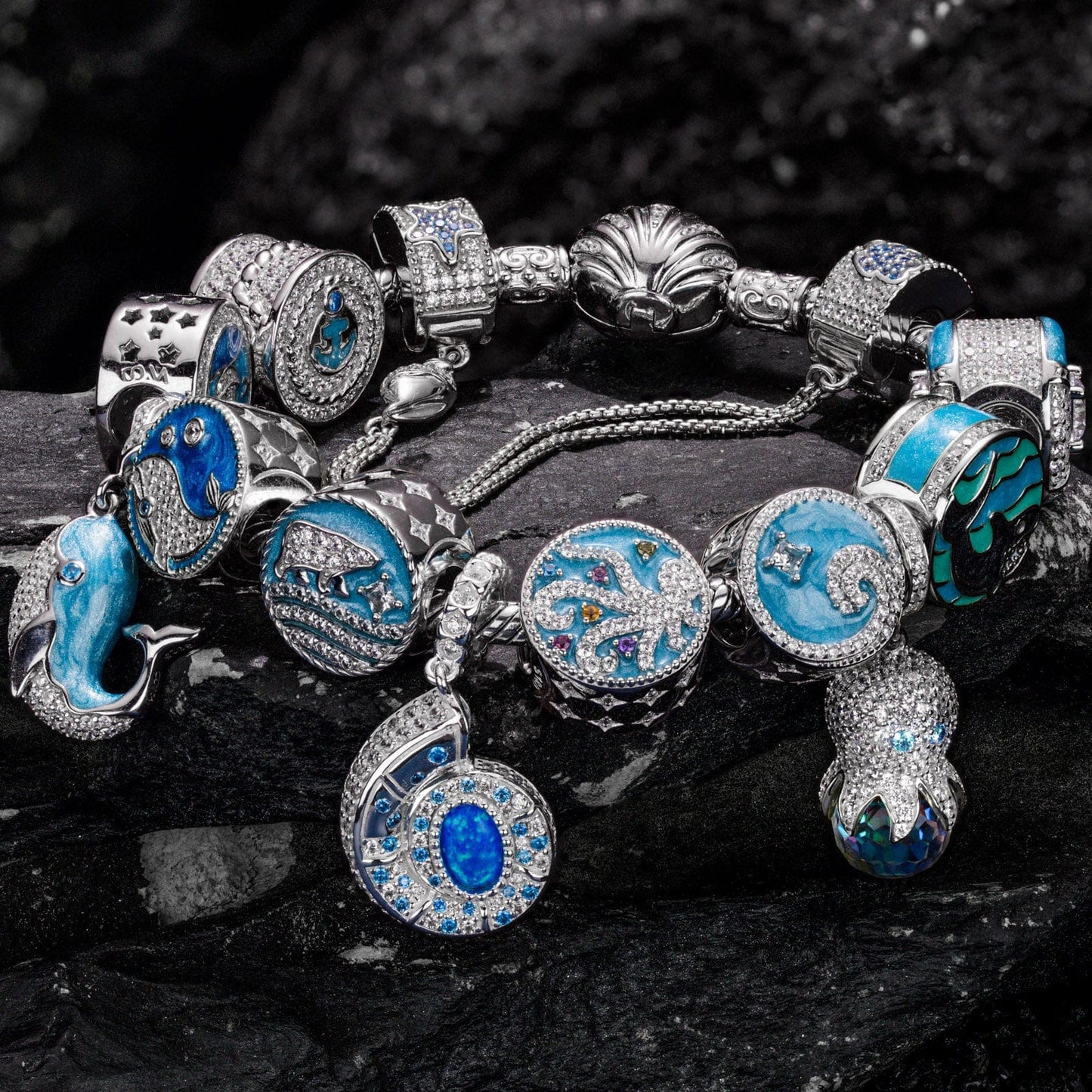 Sterling Silver Treasures of the Ocean Charms Bracelet Set With Enamel In White Gold Plated