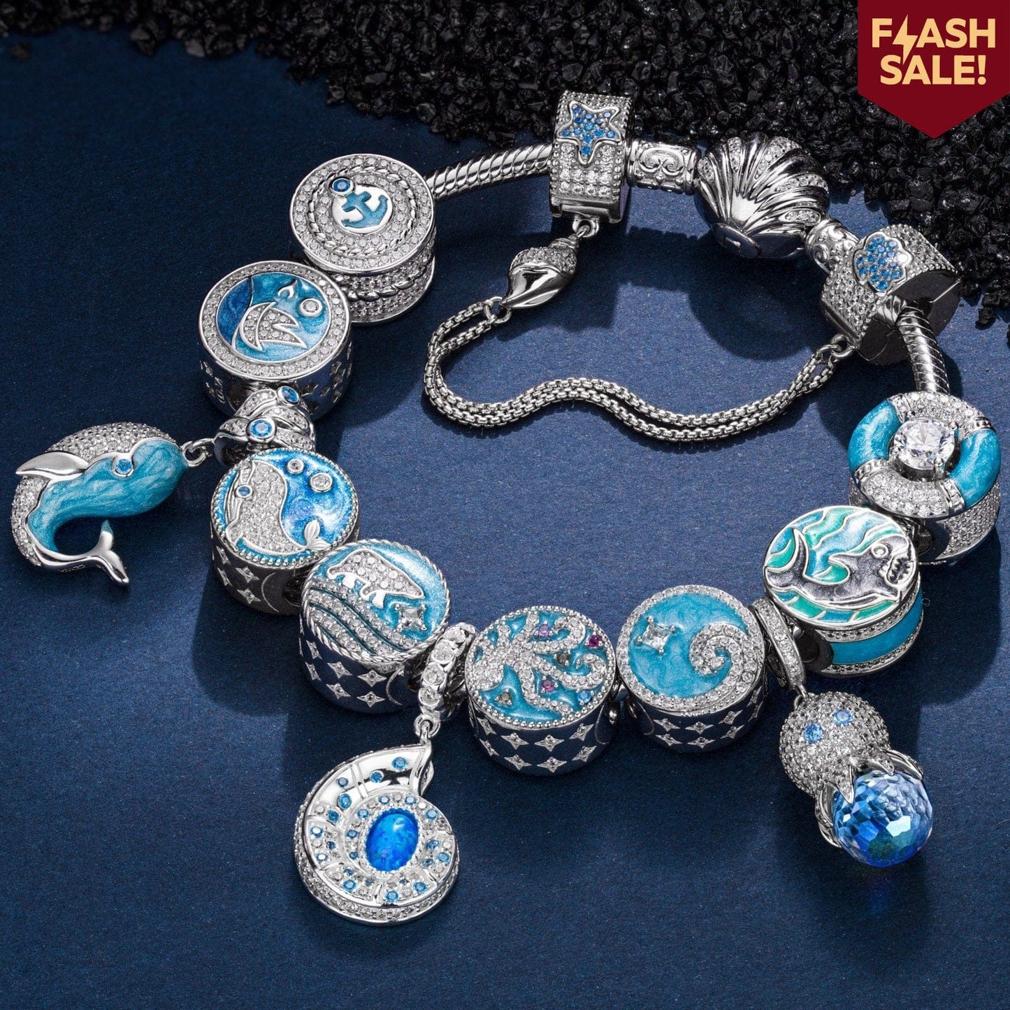 Sterling Silver Treasures of the Ocean Charms Bracelet Set With Enamel In White Gold Plated (Includes bracelet and all charms shown)