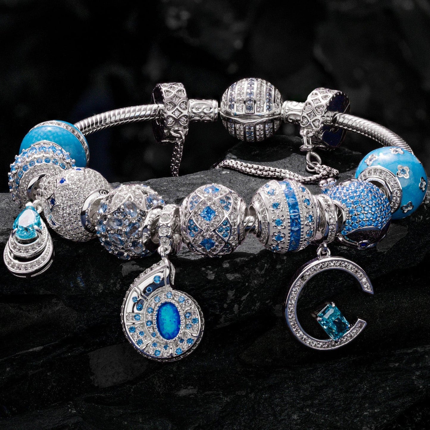 Sterling Silver Deep-sea Elves Charms Bracelet Set With Enamel In White Gold Plated
