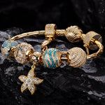 Sterling Silver Sea Star Gliding Charms Bracelet Set With Enamel In 14K Gold Plated
