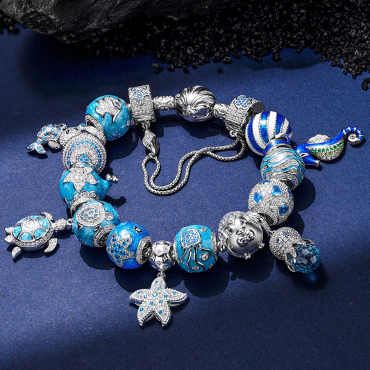 gon- Sterling Silver Marine Life Wonders Charms Bracelet Set With Enamel In White Gold Plated
