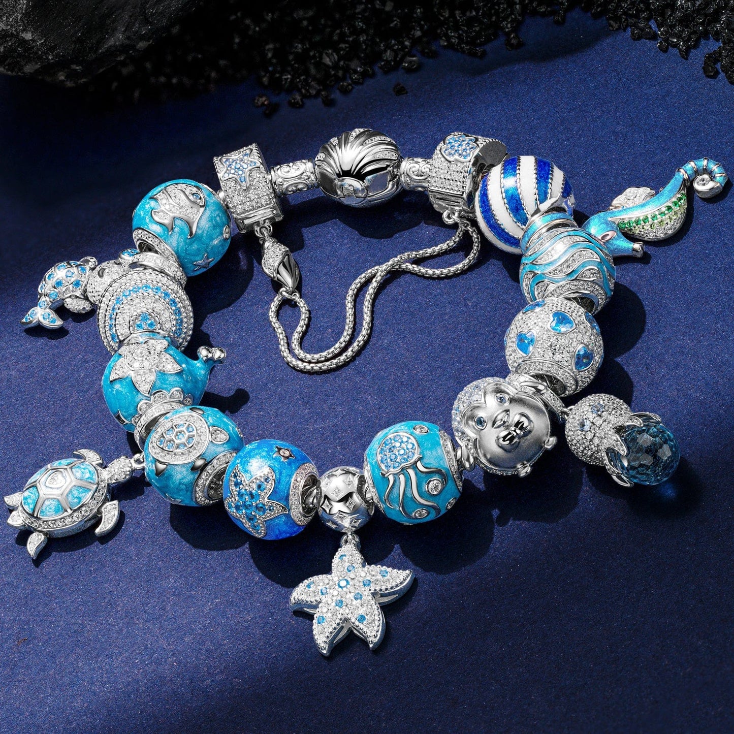 Sterling Silver Marine Life Wonders Charms Bracelet Set With Enamel In White Gold Plated