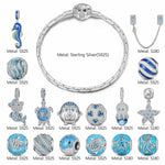 Sterling Silver Marine Life Wonders Charms Bracelet Set With Enamel In White Gold Plated (Includes bracelet and all charms shown)