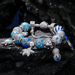 Sterling Silver Marine Life Wonders Charms Bracelet Set With Enamel In White Gold Plated