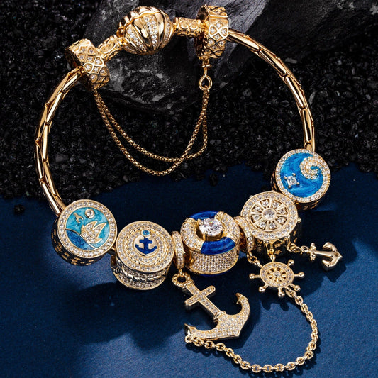 gon- Sterling Silver Anchored in Ocean Serenity Charms Bracelet Set With Enamel In 14K Gold Plated