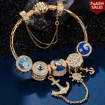 Sterling Silver Anchored in Ocean Serenity Charms Bracelet Set With Enamel In 14K Gold Plated (Includes bracelet and all charms shown)