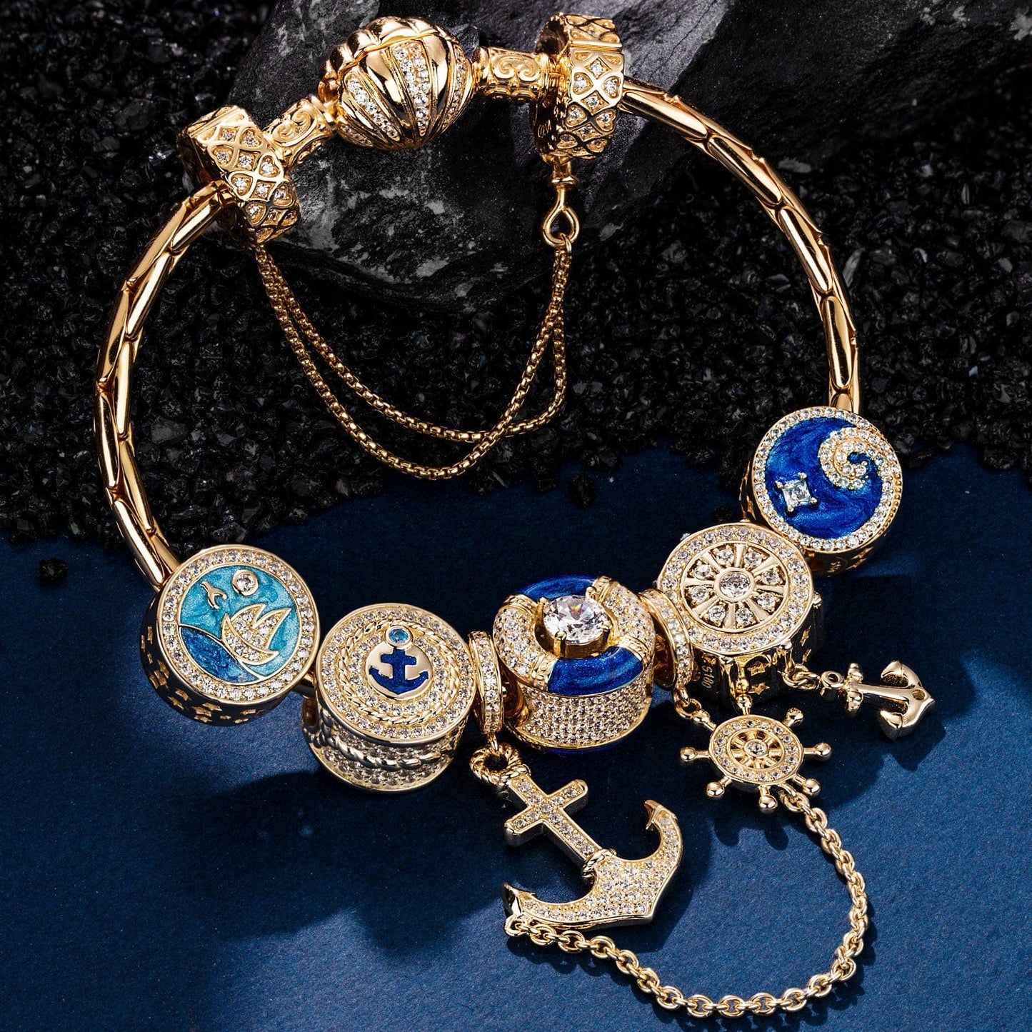 Sterling Silver Anchored in Ocean Serenity Charms Bracelet Set With Enamel In 14K Gold Plated