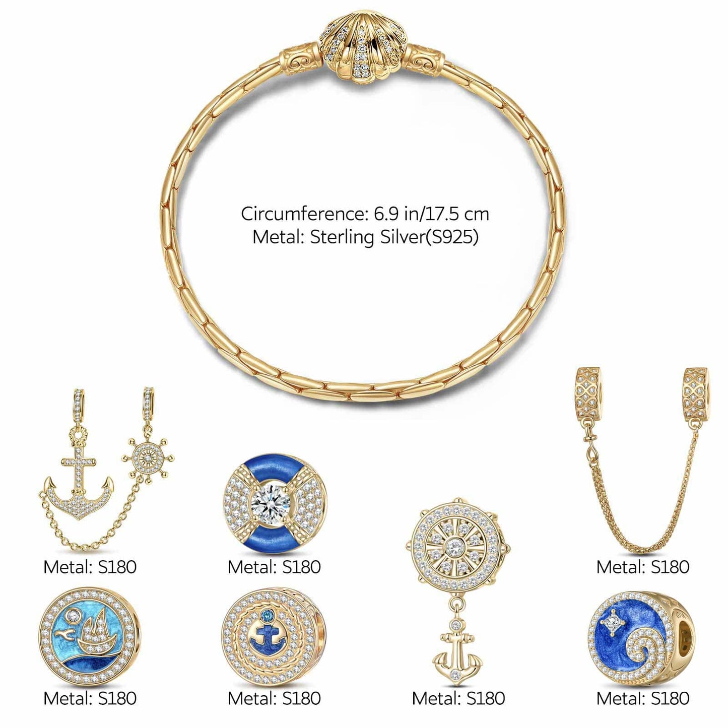 Sterling Silver Anchored in Ocean Serenity Charms Bracelet Set With Enamel In 14K Gold Plated