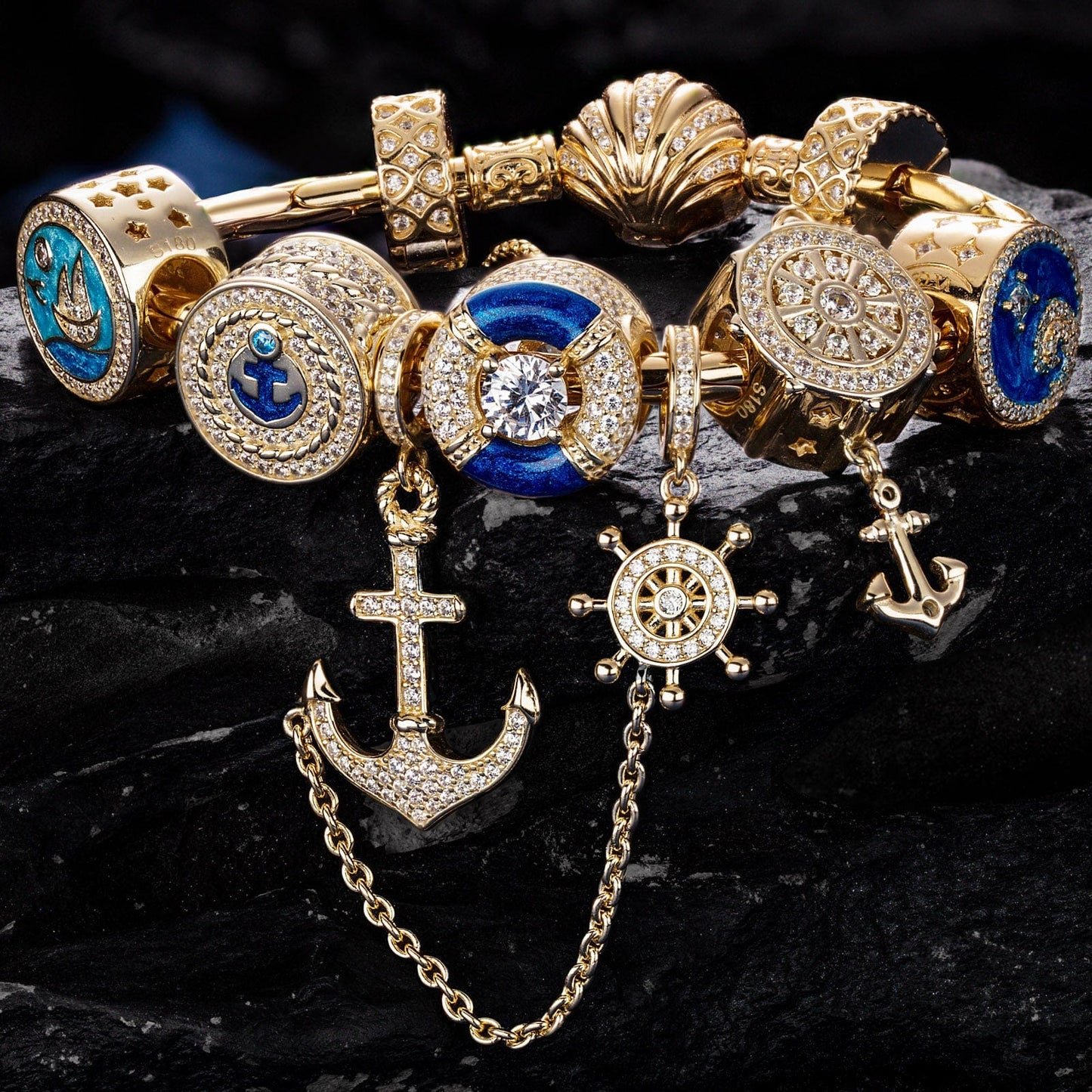 Sterling Silver Anchored in Ocean Serenity Charms Bracelet Set With Enamel In 14K Gold Plated