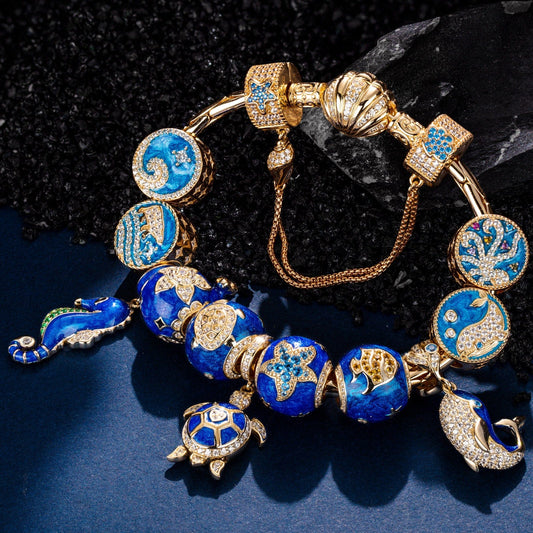 gon- Sterling Silver Oceanic Depths Beauty Charms Bracelet Set With Enamel In 14K Gold Plated