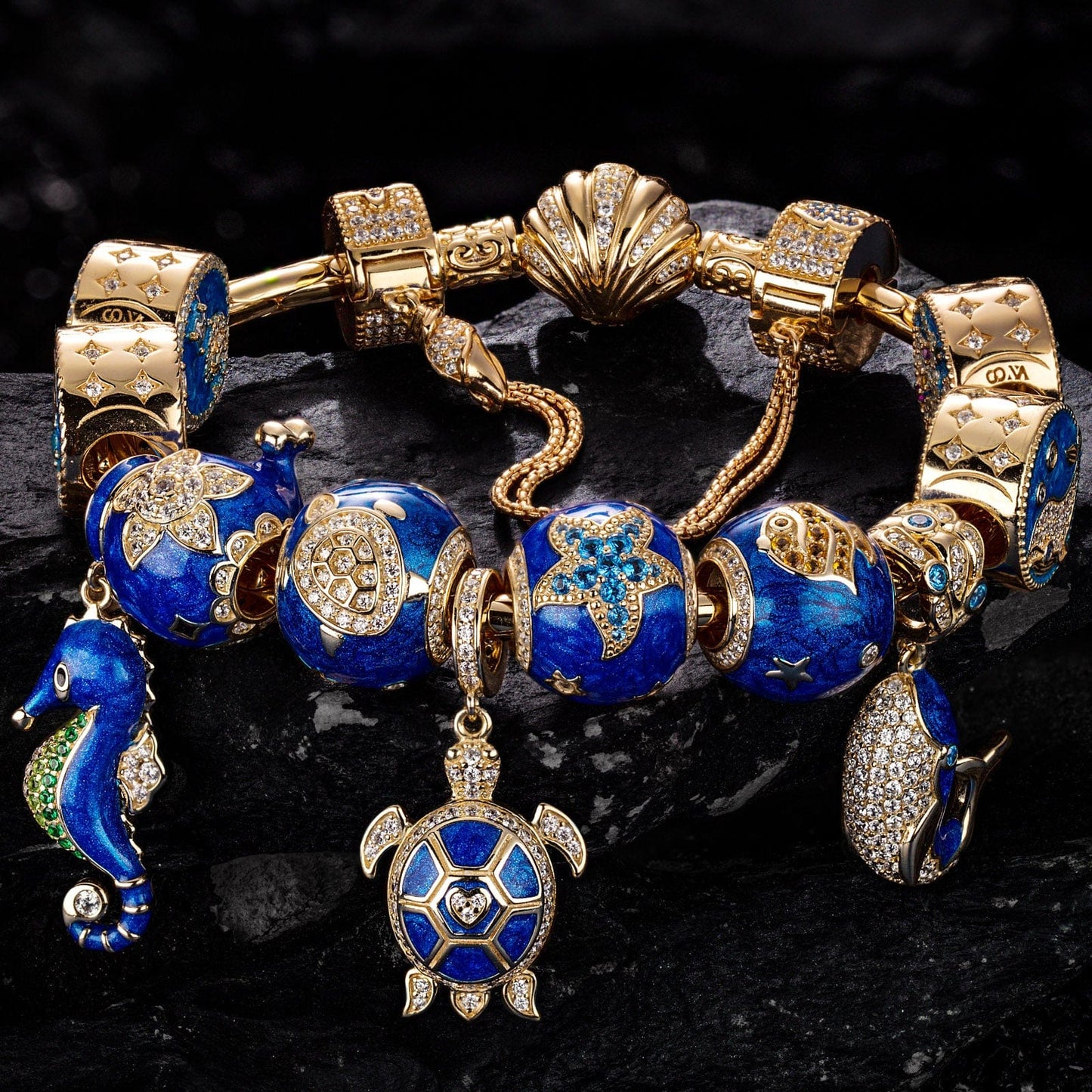Sterling Silver Oceanic Depths Beauty Charms Bracelet Set With Enamel In 14K Gold Plated