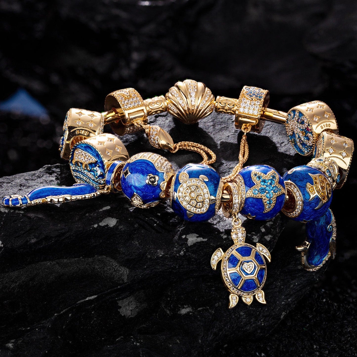Sterling Silver Oceanic Depths Beauty Charms Bracelet Set With Enamel In 14K Gold Plated
