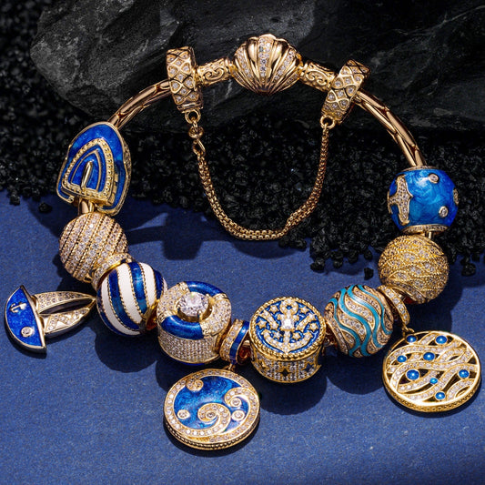 gona- Sterling Silver Oceanic Journey Charms Bracelet Set With Enamel In 14K Gold Plated (Includes bracelet and all charms shown)