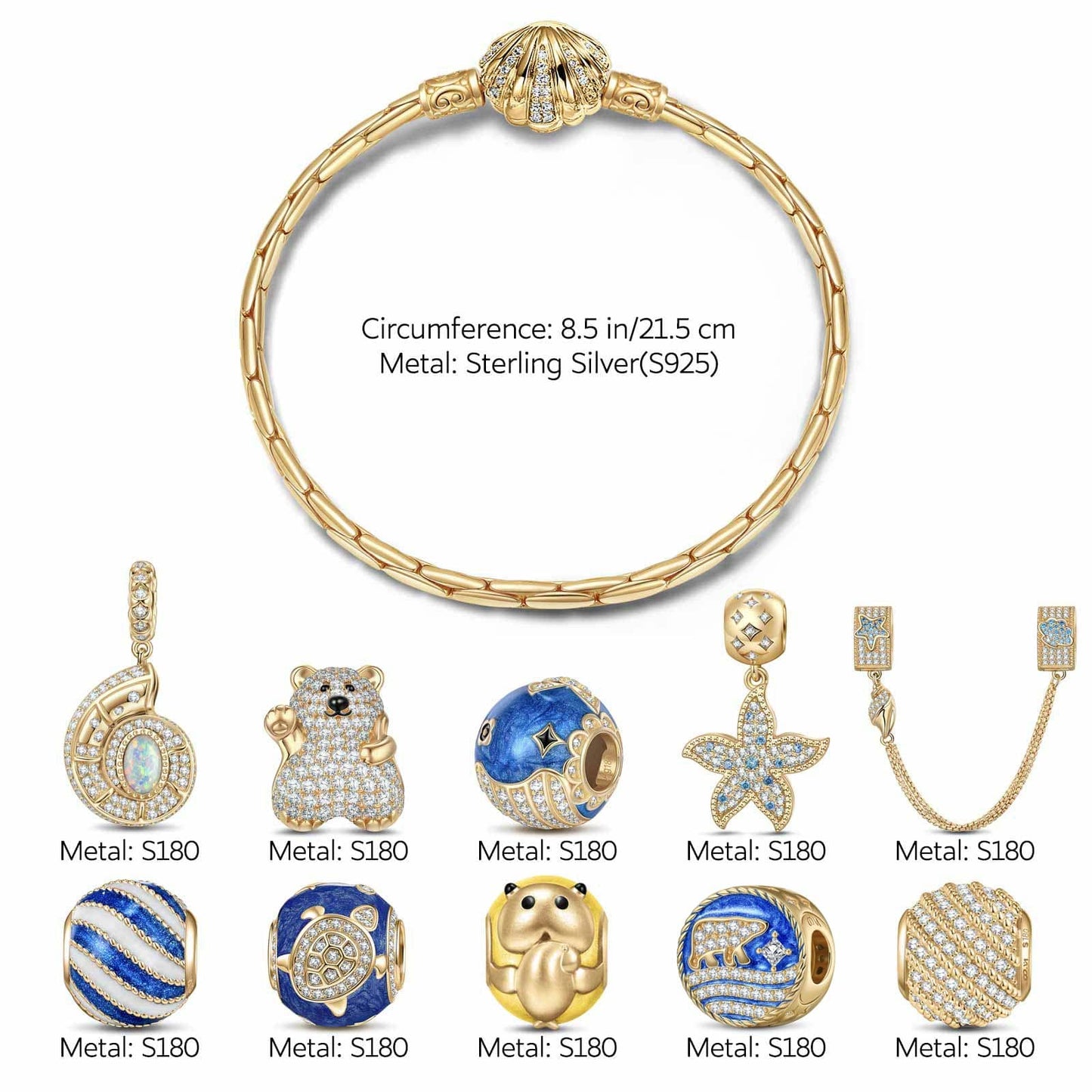 Sterling Silver Return to Nature's Bounty Charms Bracelet Set With Enamel In 14K Gold Plated (Includes bracelet and all charms shown)