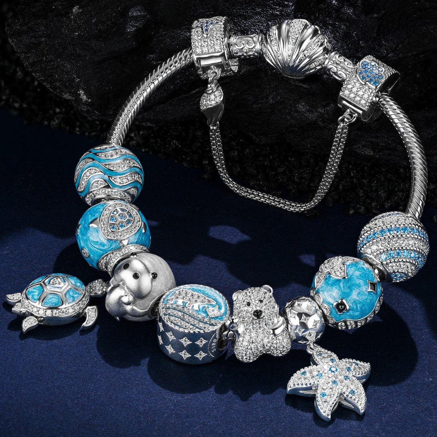 Sterling Silver Return to Nature's Bounty Charms Bracelet Set With Enamel In White Gold Plated (Includes bracelet and all charms shown)