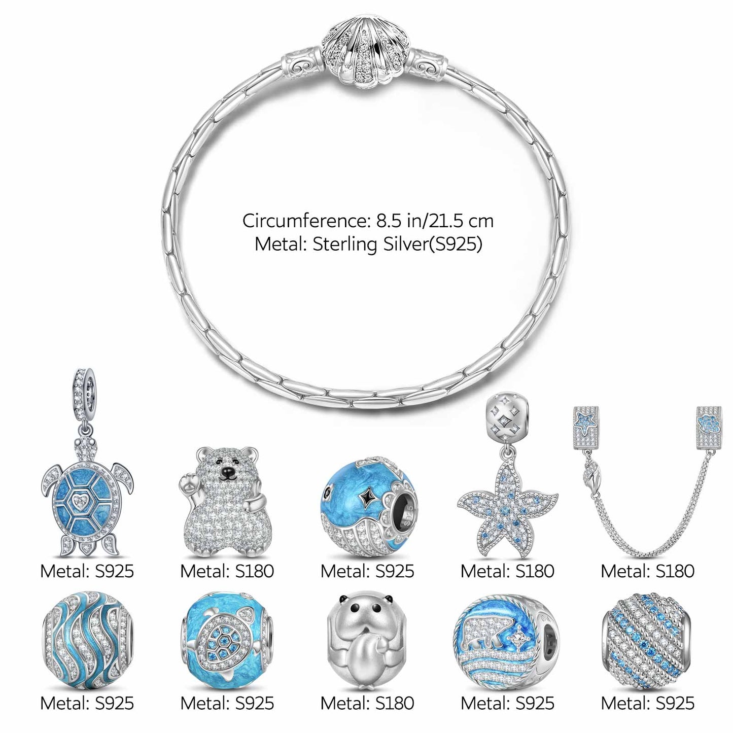 Sterling Silver Return to Nature's Bounty Charms Bracelet Set With Enamel In White Gold Plated (Includes bracelet and all charms shown)