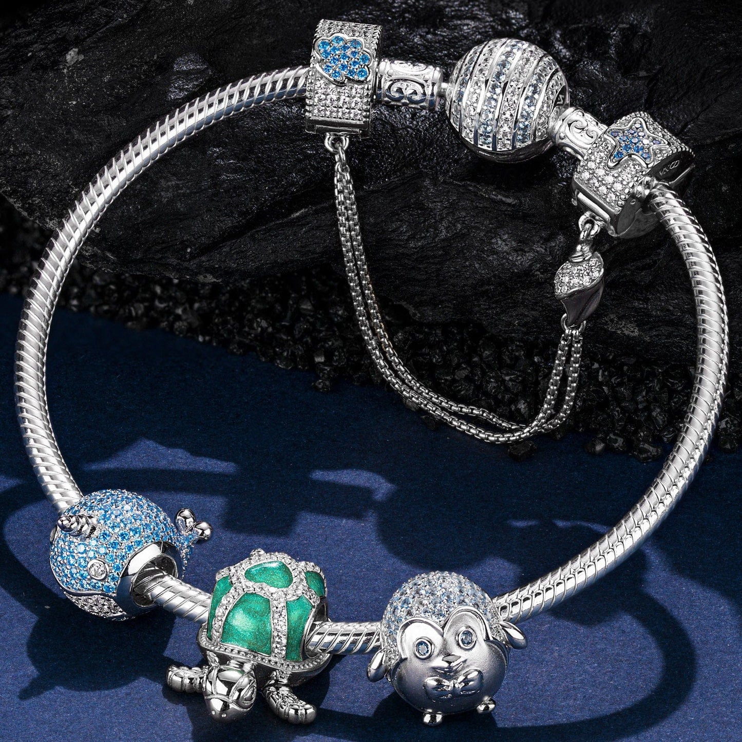 Sterling Silver Ocean Playmates Charms Bracelet Set With Enamel In White Gold Plated