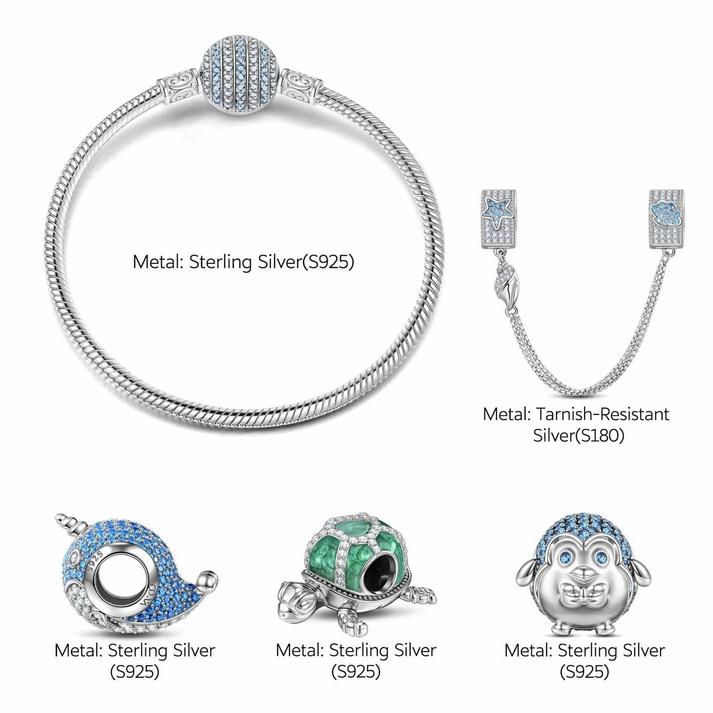 Sterling Silver Ocean Playmates Charms Bracelet Set With Enamel In White Gold Plated (Includes bracelet and all charms shown)