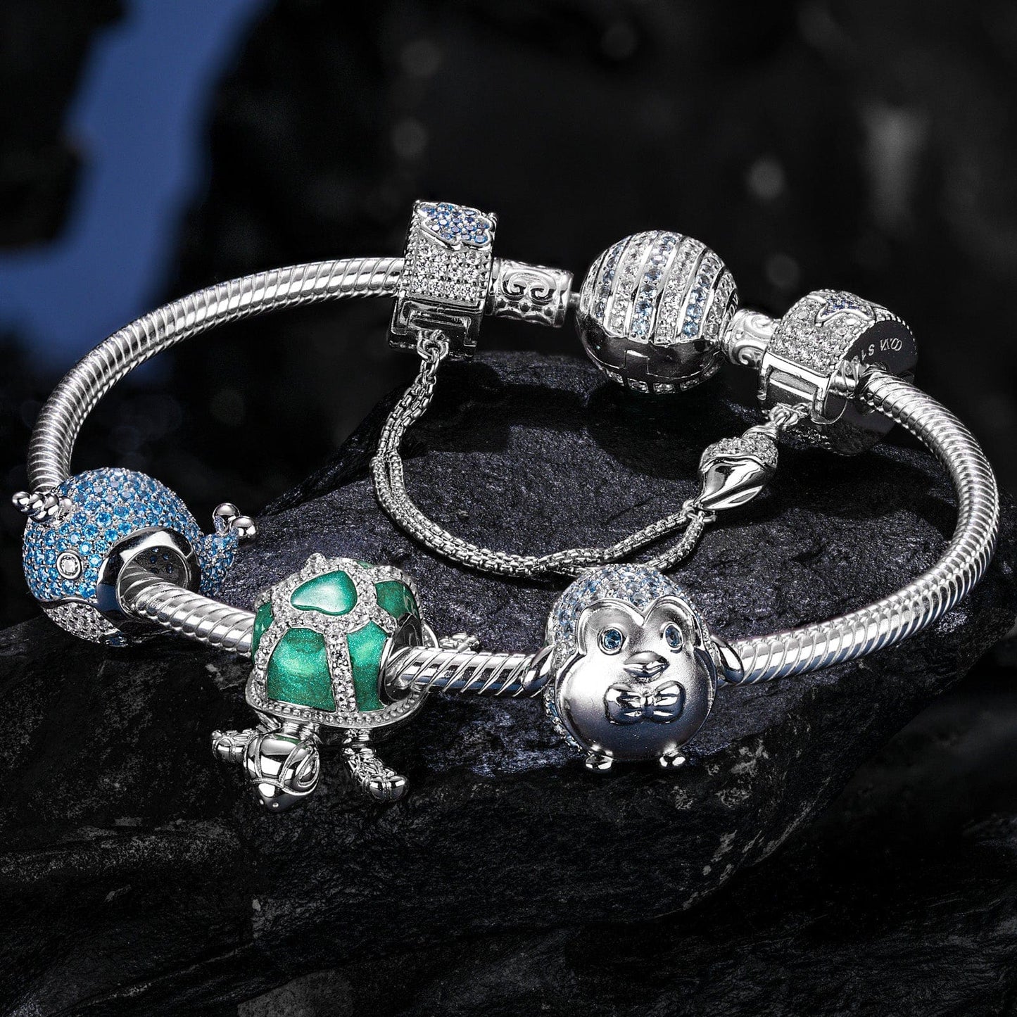 Sterling Silver Ocean Playmates Charms Bracelet Set With Enamel In White Gold Plated (Includes bracelet and all charms shown)