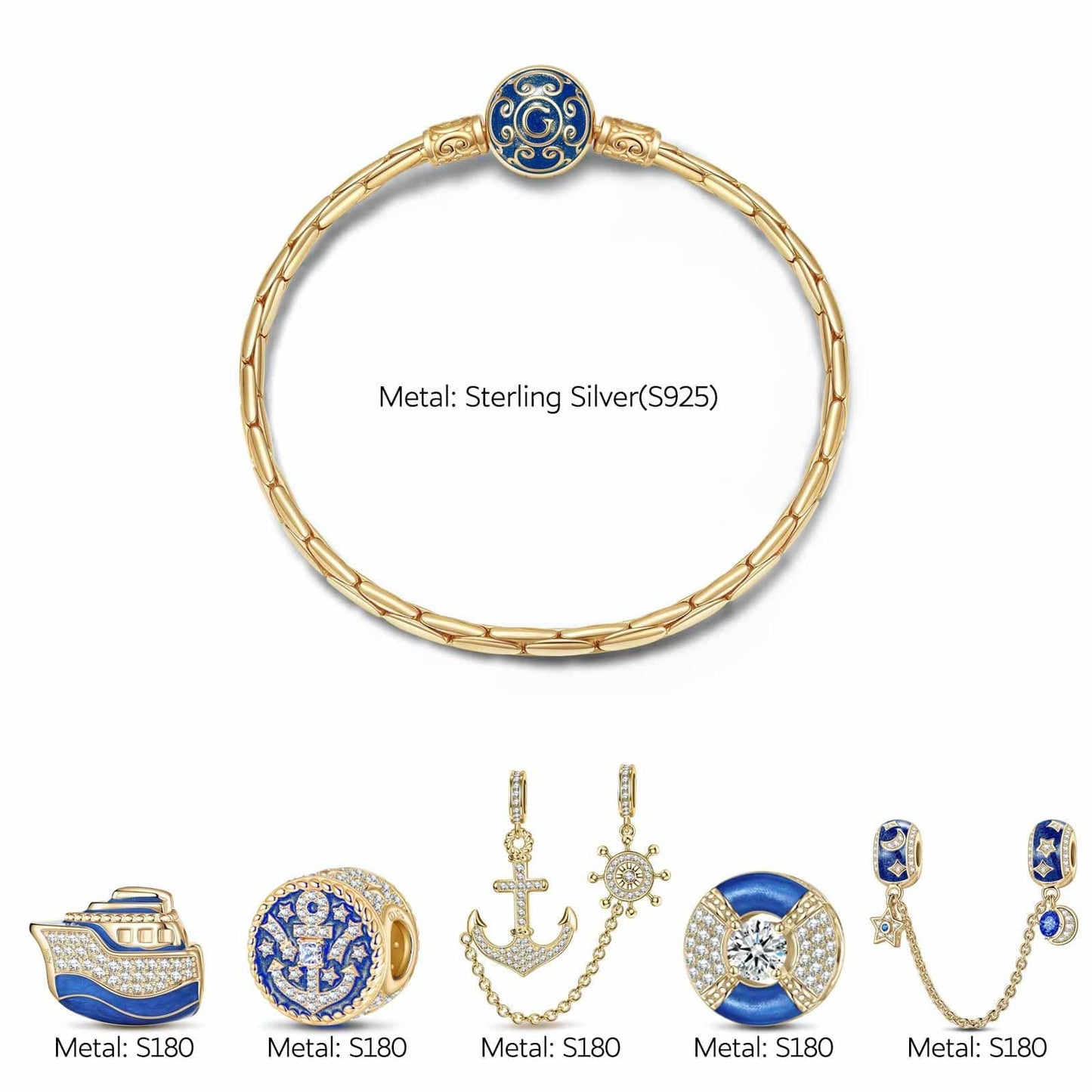 Sterling Silver Seafaring Journey Charms Bracelet Set With Enamel In 14K Gold Plated (Includes bracelet and all charms shown)