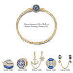 Sterling Silver Seafaring Journey Charms Bracelet Set With Enamel In 14K Gold Plated (Includes bracelet and all charms shown)