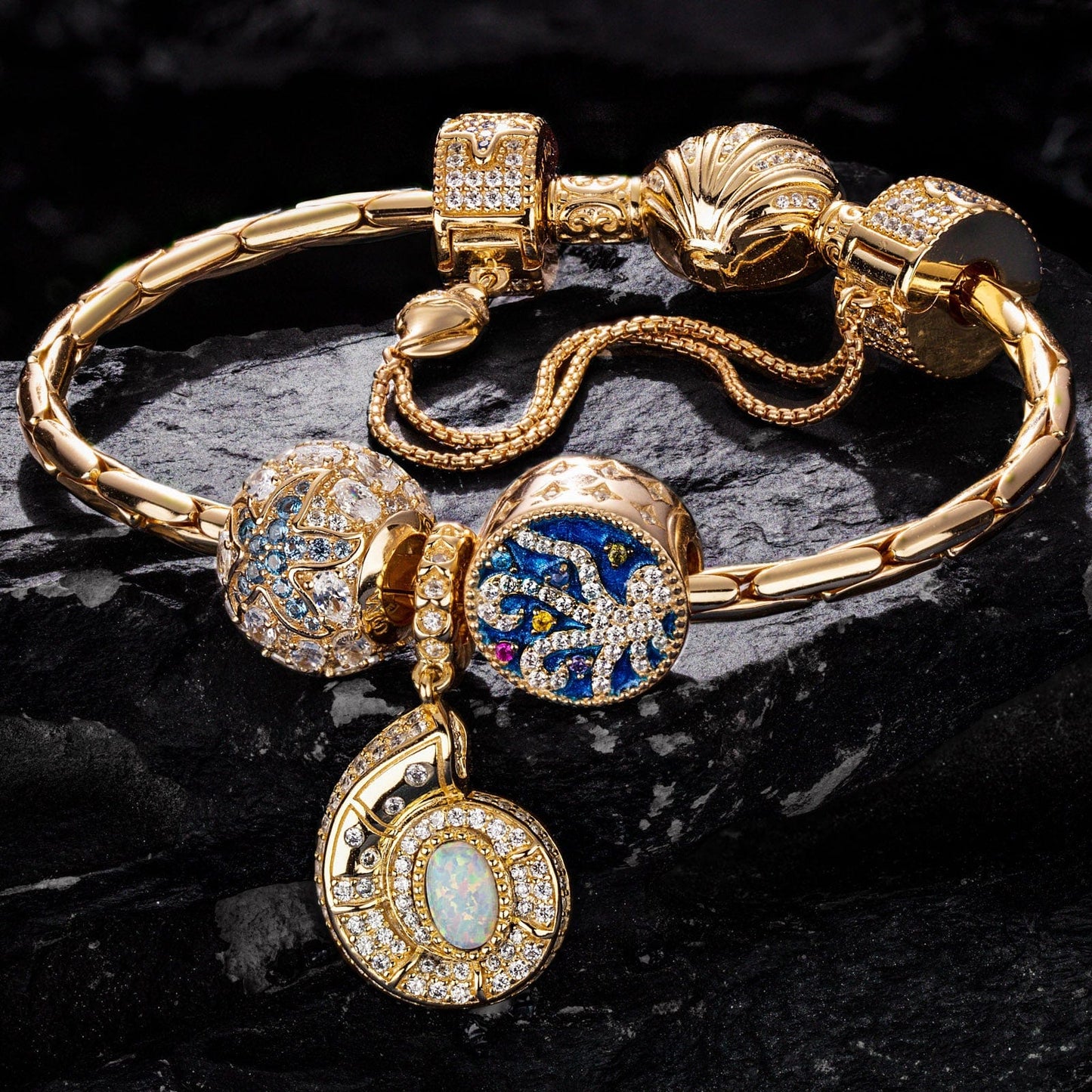 Sterling Silver Shimmering Ocean Jewels Charms Bracelet Set With Enamel In 14K Gold Plated
