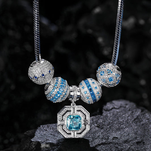 gon- Sterling Silver Luminous Marine Charms Necklace Set In White Gold Plated