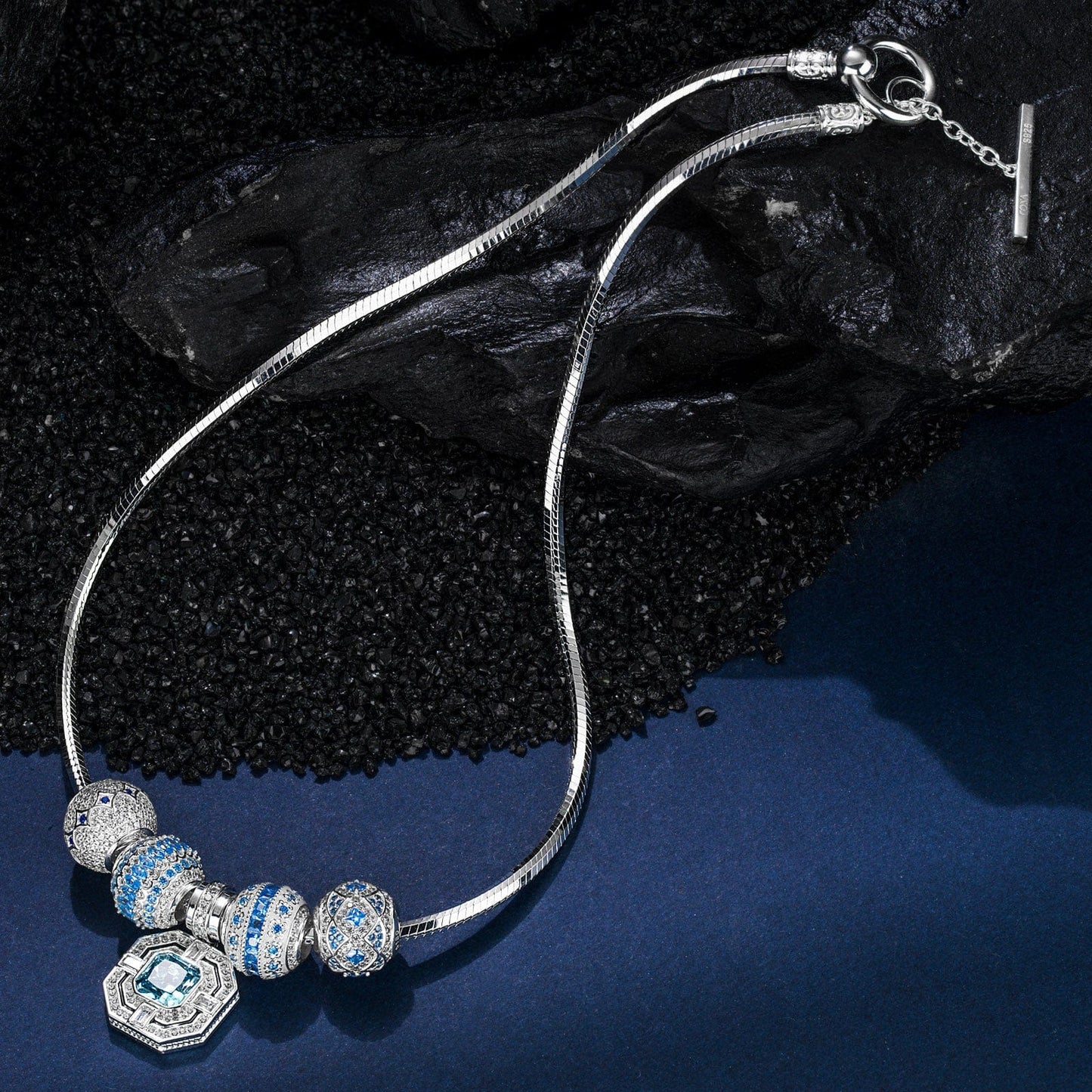 Sterling Silver Luminous Marine Charms Necklace Set In White Gold Plated