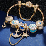 Sterling Silver Ocean Adventure Charms Bracelet Set With Enamel In 14K Gold Plated (Includes bracelet and all charms shown)