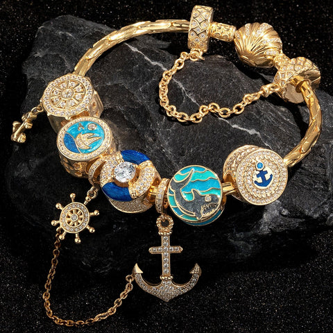 Sterling Silver Ocean Adventure Charms Bracelet Set With Enamel In 14K Gold Plated (Includes bracelet and all charms shown)