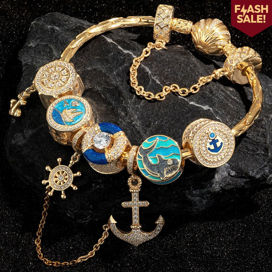 gona- Sterling Silver Ocean Adventure Charms Bracelet Set With Enamel In 14K Gold Plated (Includes bracelet and all charms shown)