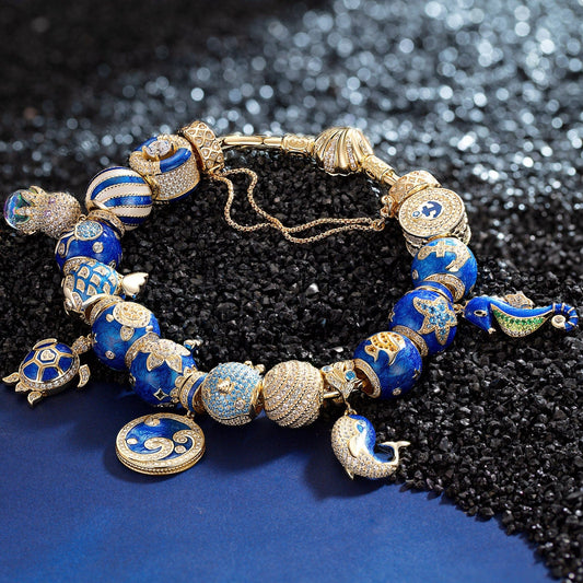 gona- Sterling Silver Exploring the Underwater World Charms Bracelet Set With Enamel In 14K Gold Plated (Includes bracelet and all charms shown)