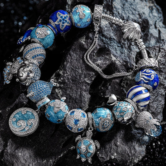 gon- Sterling Silver Exploring the Underwater World Charms Bracelet Set With Enamel In White Gold Plated