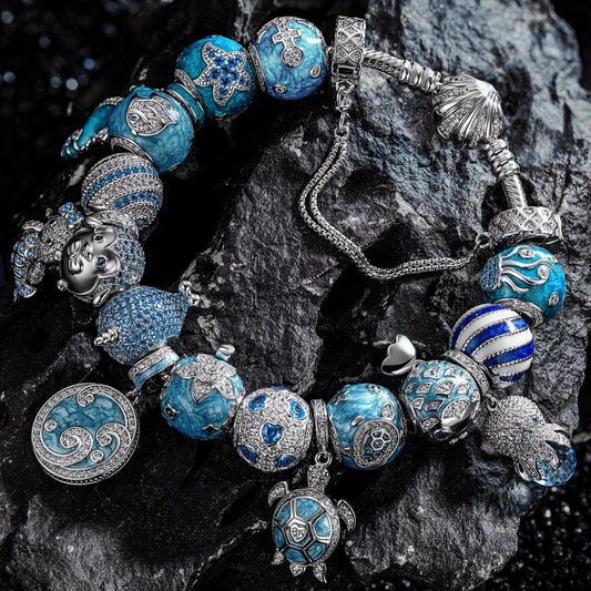 gon- Sterling Silver Exploring the Underwater World Charms Bracelet Set With Enamel In White Gold Plated