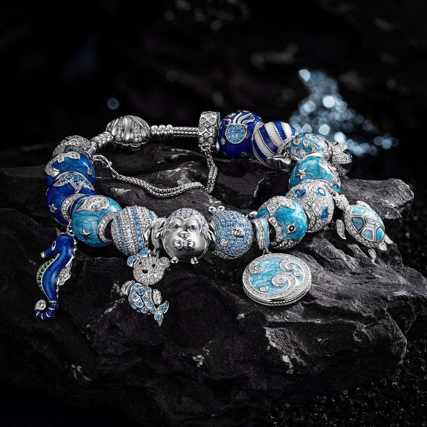 Sterling Silver Exploring the Underwater World Charms Bracelet Set With Enamel In White Gold Plated