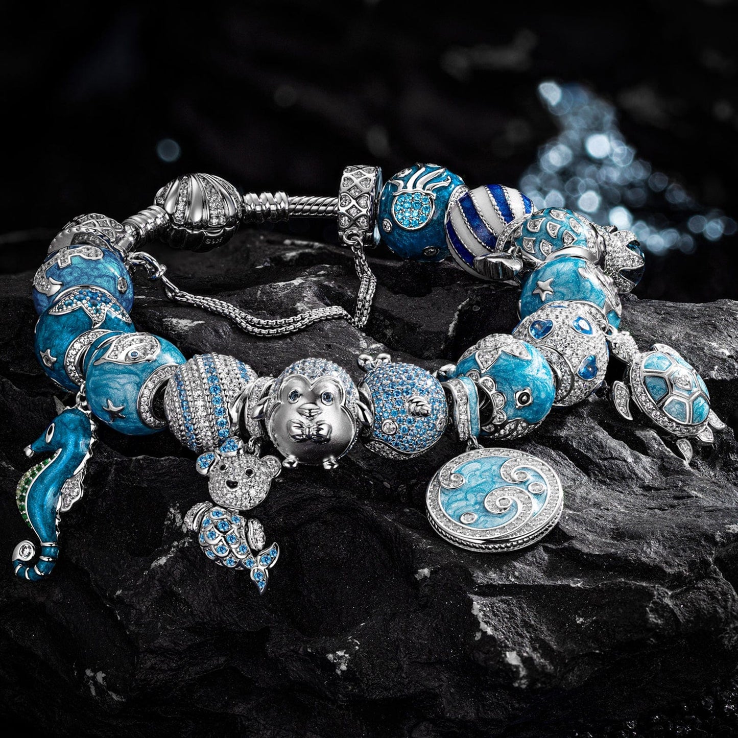 Sterling Silver Exploring the Underwater World Charms Bracelet Set With Enamel In White Gold Plated